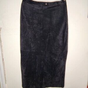 LAUREN Ralph Lauren 100% Suede Black Midi Skirt Academia Boho Western, sz 14
